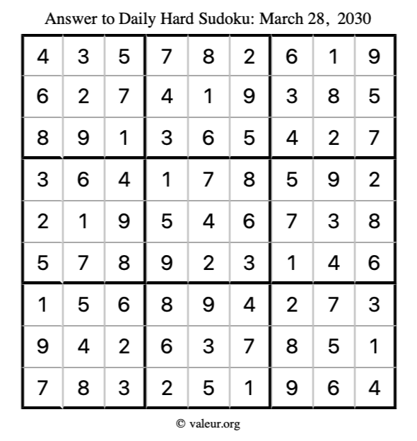 Answer to hard sudoku March 28, 2030