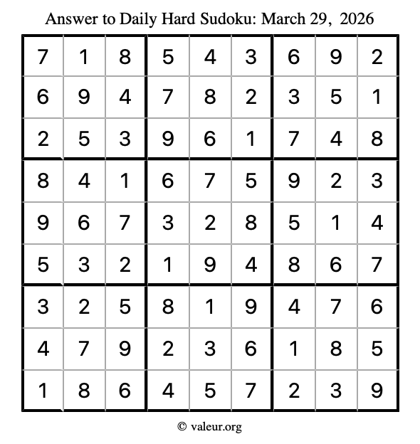Answer to hard sudoku March 29, 2026