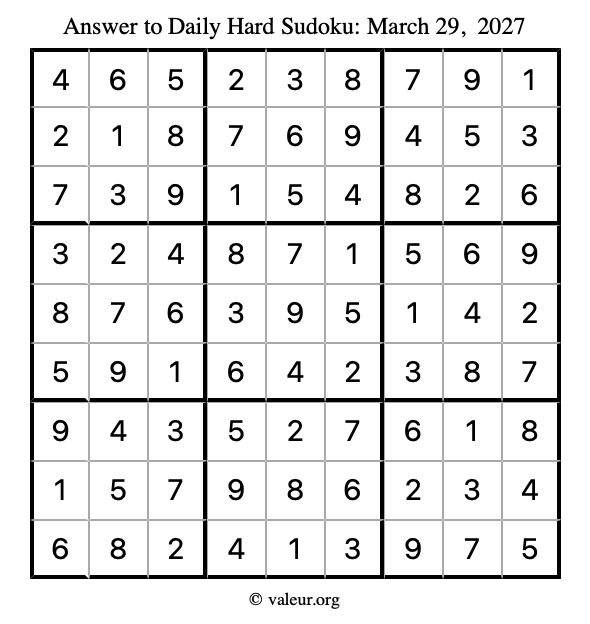 Answer to hard sudoku March 29, 2027