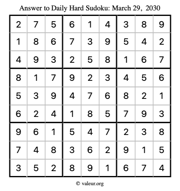 Answer to hard sudoku March 29, 2030