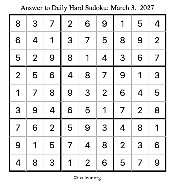 Answer to hard sudoku March 3, 2027