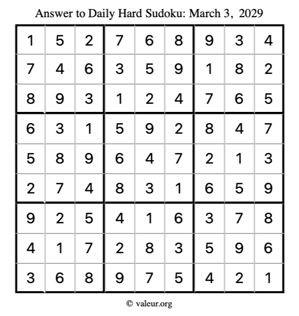 Answer to hard sudoku March 3, 2029