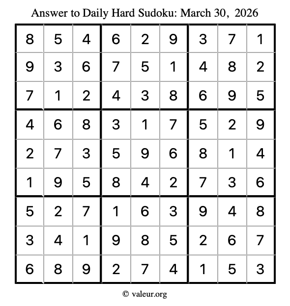 Answer to hard sudoku March 30, 2026