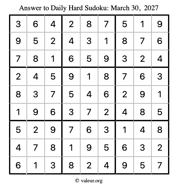 Answer to hard sudoku March 30, 2027