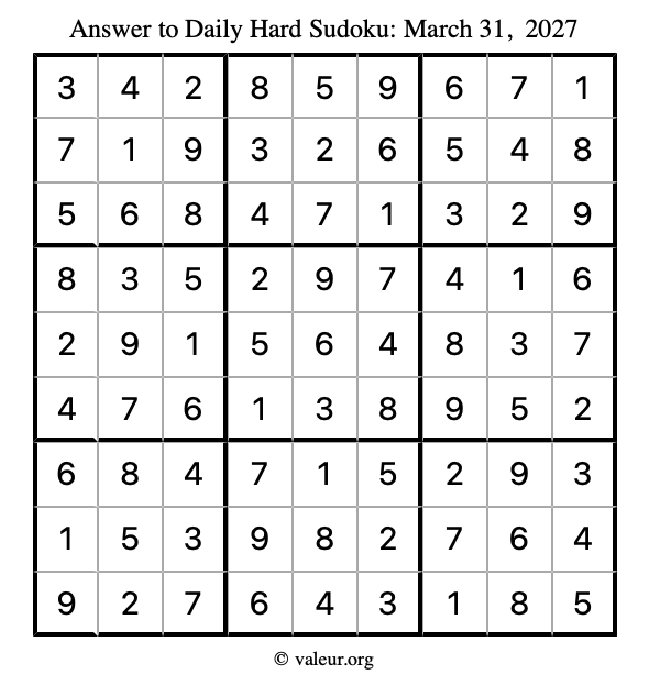 Answer to hard sudoku March 31, 2027