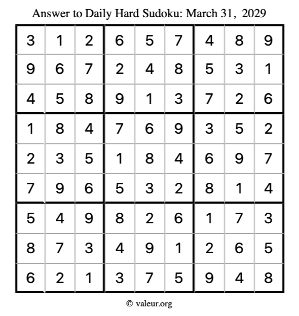 Answer to hard sudoku March 31, 2029