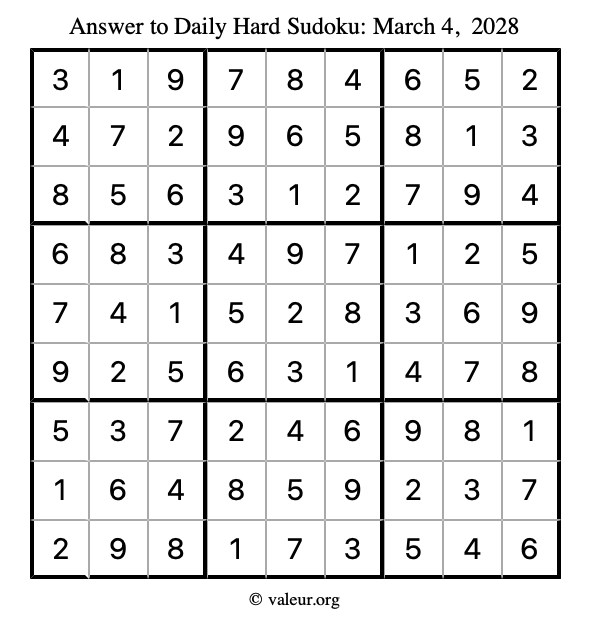 Answer to hard sudoku March 4, 2028