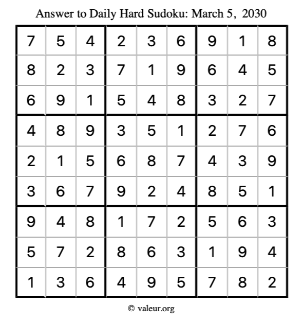 Answer to hard sudoku March 5, 2030