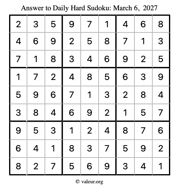 Answer to hard sudoku March 6, 2027