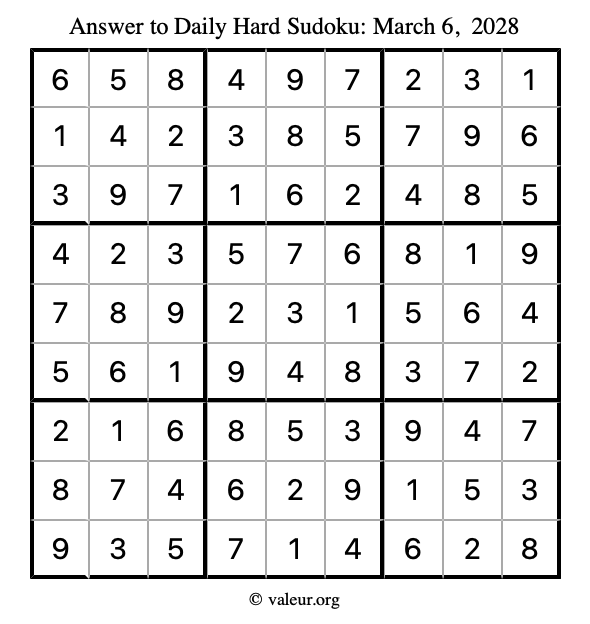 Answer to hard sudoku March 6, 2028