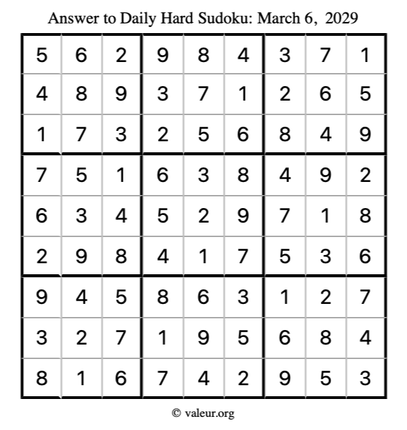 Answer to hard sudoku March 6, 2029