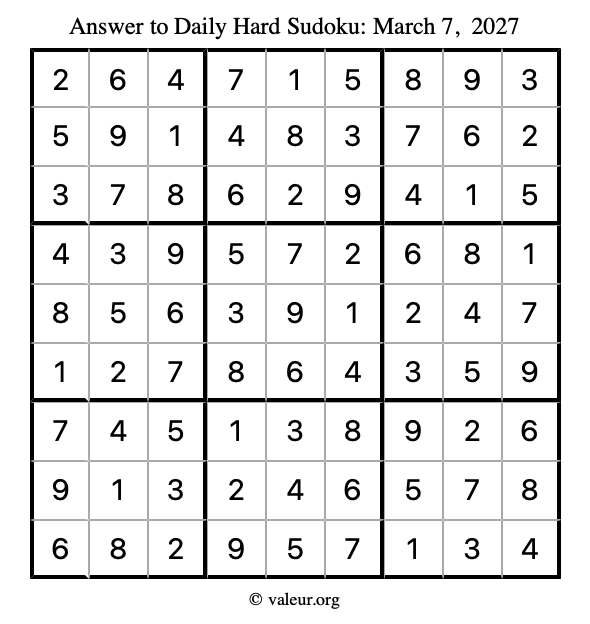 Answer to hard sudoku March 7, 2027