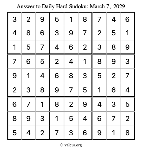 Answer to hard sudoku March 7, 2029