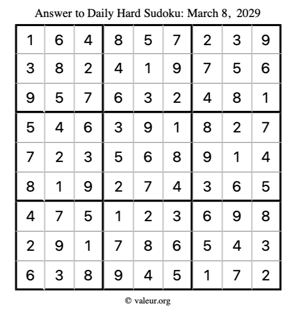 Answer to hard sudoku March 8, 2029