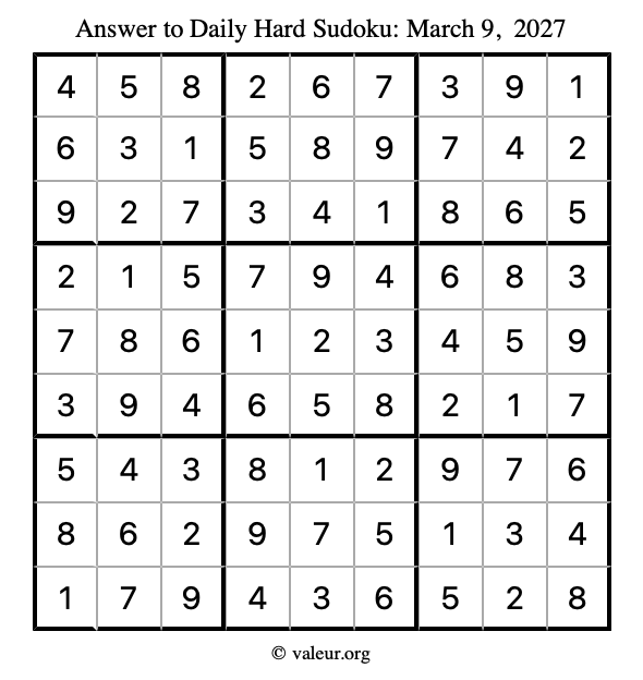 Answer to hard sudoku March 9, 2027