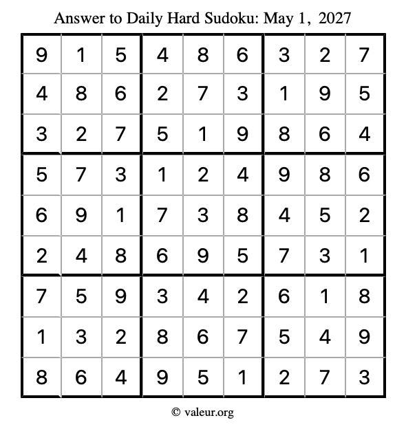 Answer to hard sudoku May 1, 2027