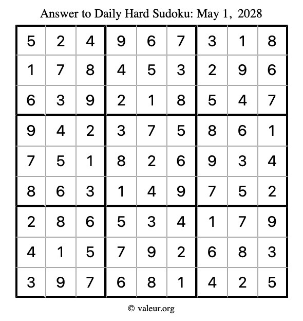 Answer to hard sudoku May 1, 2028