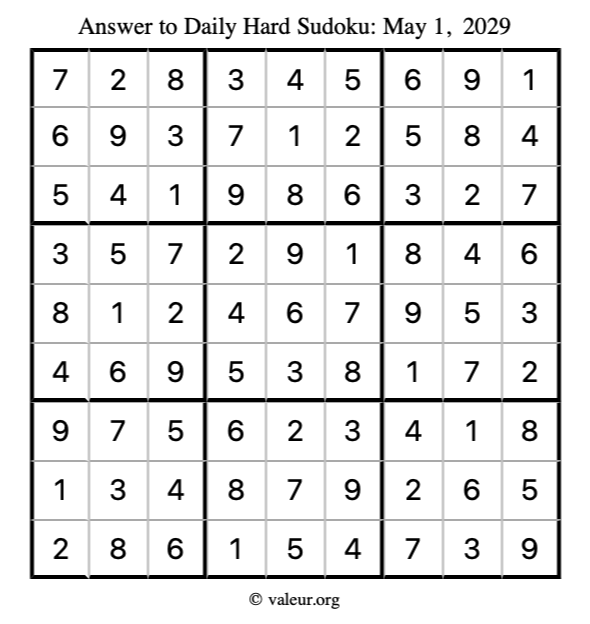 Answer to hard sudoku May 1, 2029