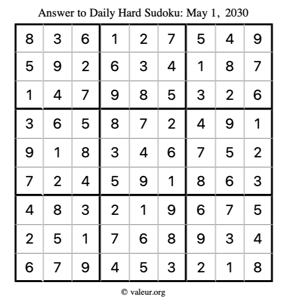 Answer to hard sudoku May 1, 2030