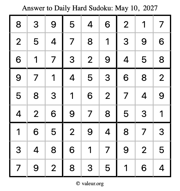 Answer to hard sudoku May 10, 2027