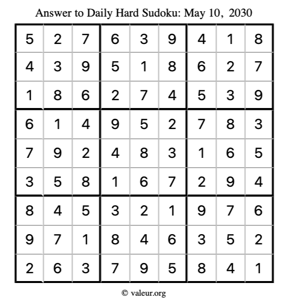 Answer to hard sudoku May 10, 2030