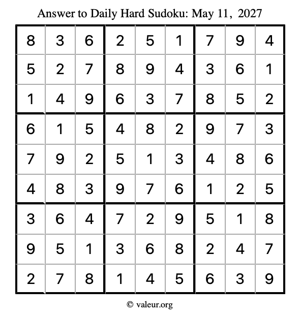 Answer to hard sudoku May 11, 2027