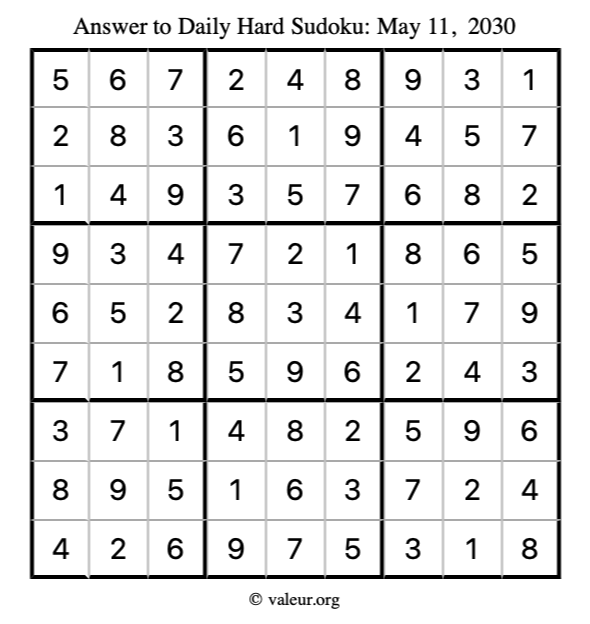 Answer to hard sudoku May 11, 2030