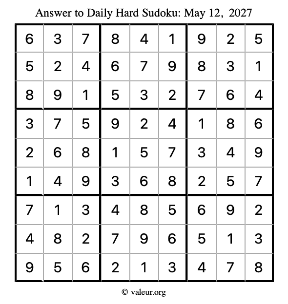 Answer to hard sudoku May 12, 2027