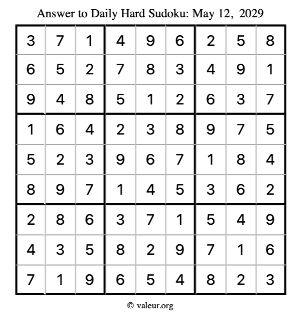 Answer to hard sudoku May 12, 2029