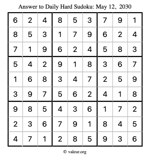 Answer to hard sudoku May 12, 2030