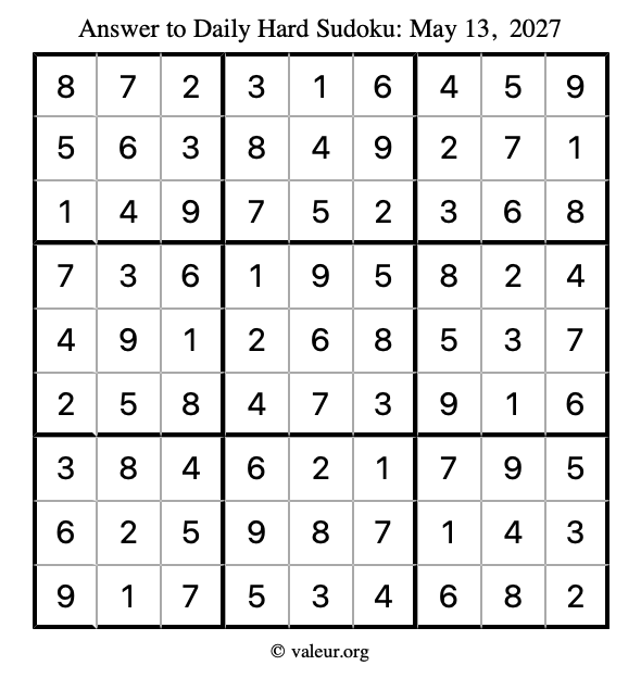 Answer to hard sudoku May 13, 2027
