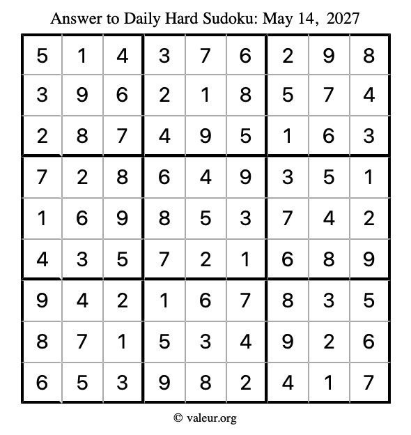 Answer to hard sudoku May 14, 2027