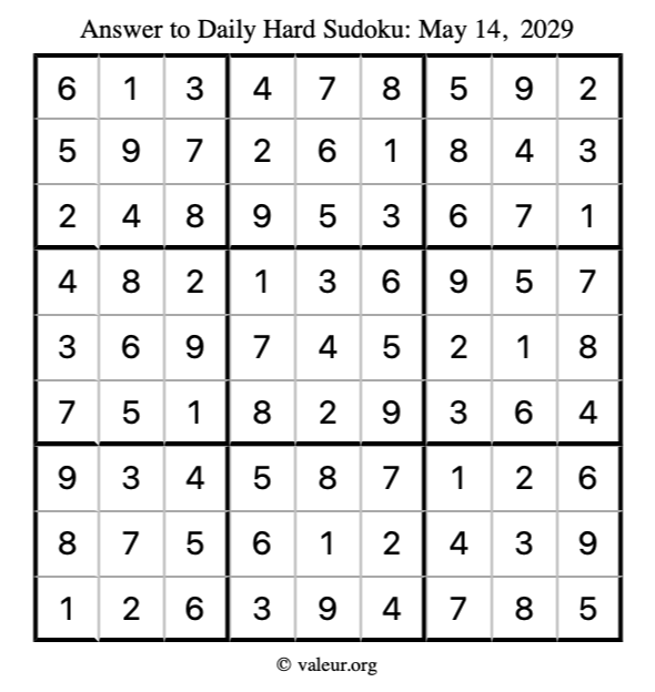 Answer to hard sudoku May 14, 2029