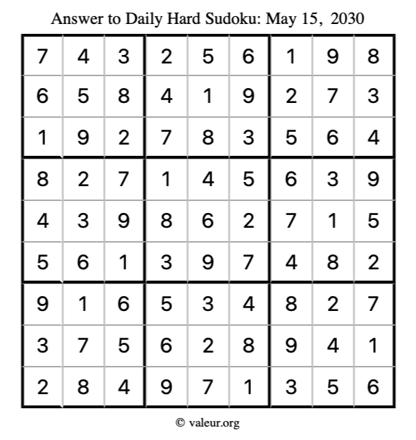 Answer to hard sudoku May 15, 2030