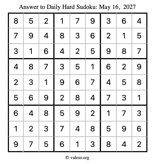 Answer to hard sudoku May 16, 2027