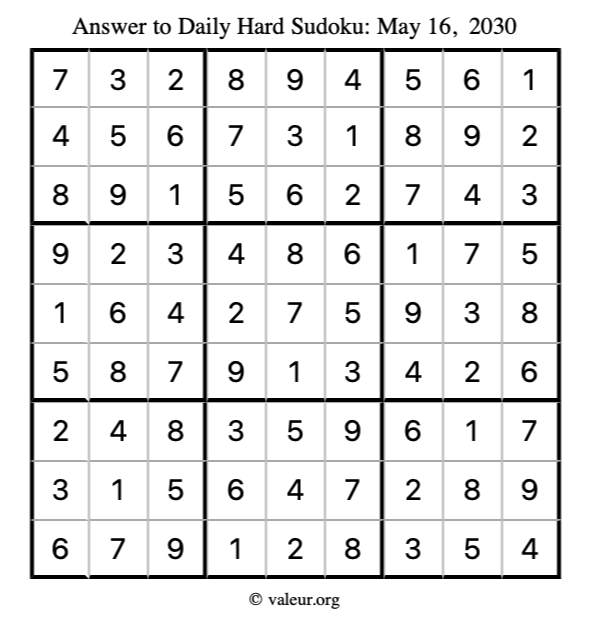 Answer to hard sudoku May 16, 2030
