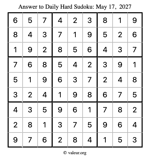 Answer to hard sudoku May 17, 2027