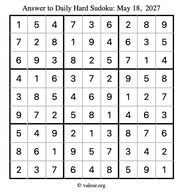 Answer to hard sudoku May 18, 2027