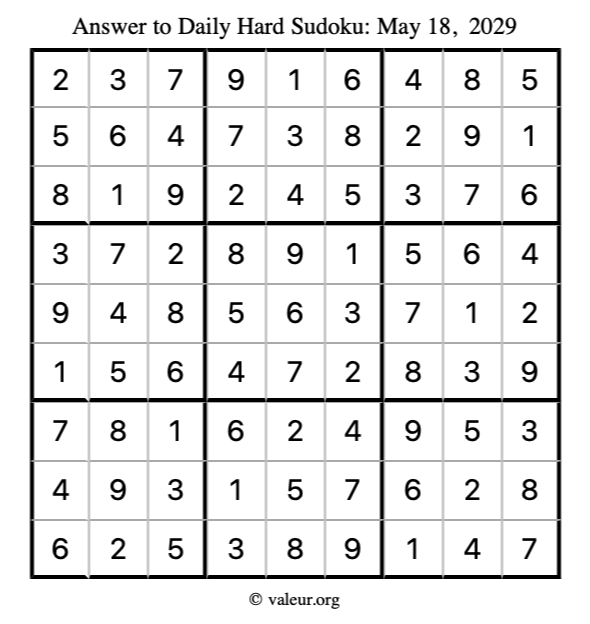 Answer to hard sudoku May 18, 2029