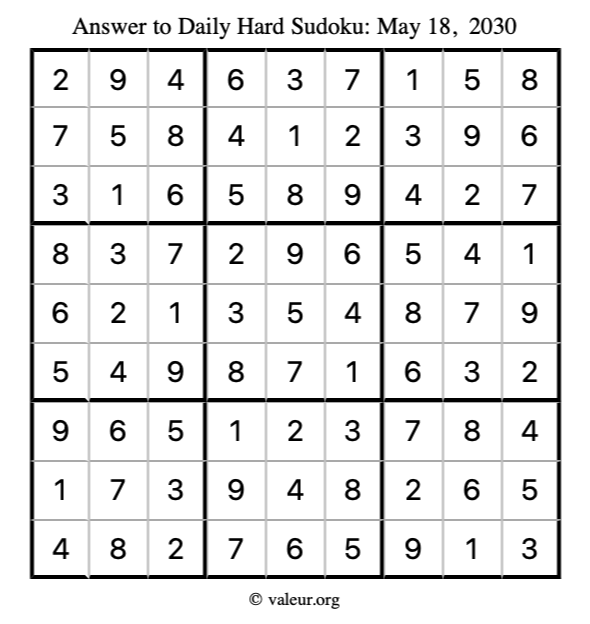 Answer to hard sudoku May 18, 2030