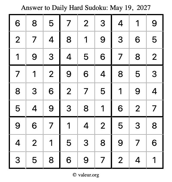 Answer to hard sudoku May 19, 2027