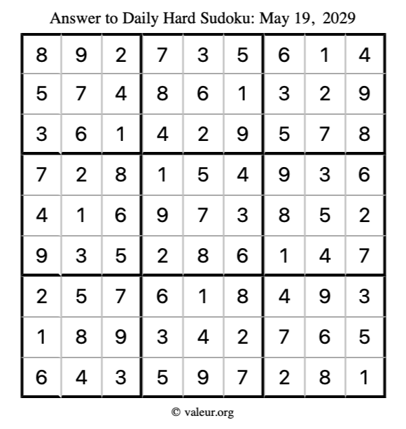 Answer to hard sudoku May 19, 2029