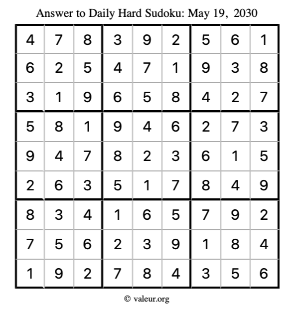 Answer to hard sudoku May 19, 2030