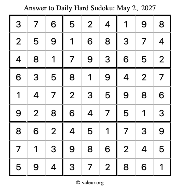 Answer to hard sudoku May 2, 2027