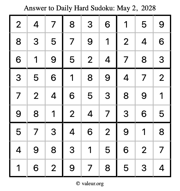 Answer to hard sudoku May 2, 2028