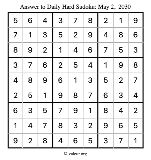Answer to hard sudoku May 2, 2030