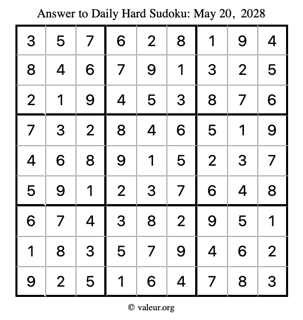 Answer to hard sudoku May 20, 2028