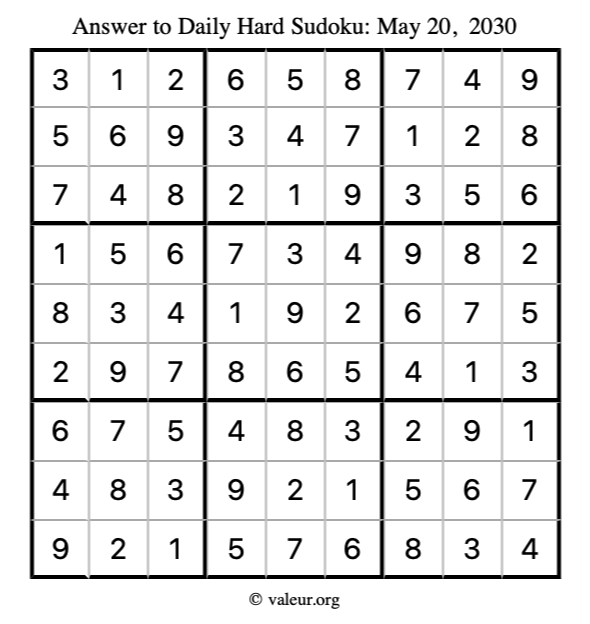 Answer to hard sudoku May 20, 2030