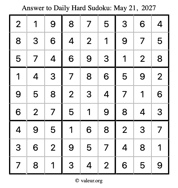 Answer to hard sudoku May 21, 2027