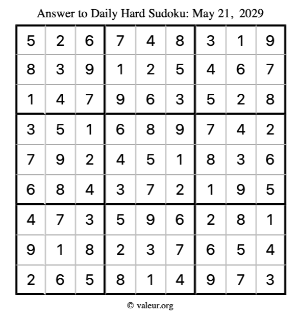 Answer to hard sudoku May 21, 2029